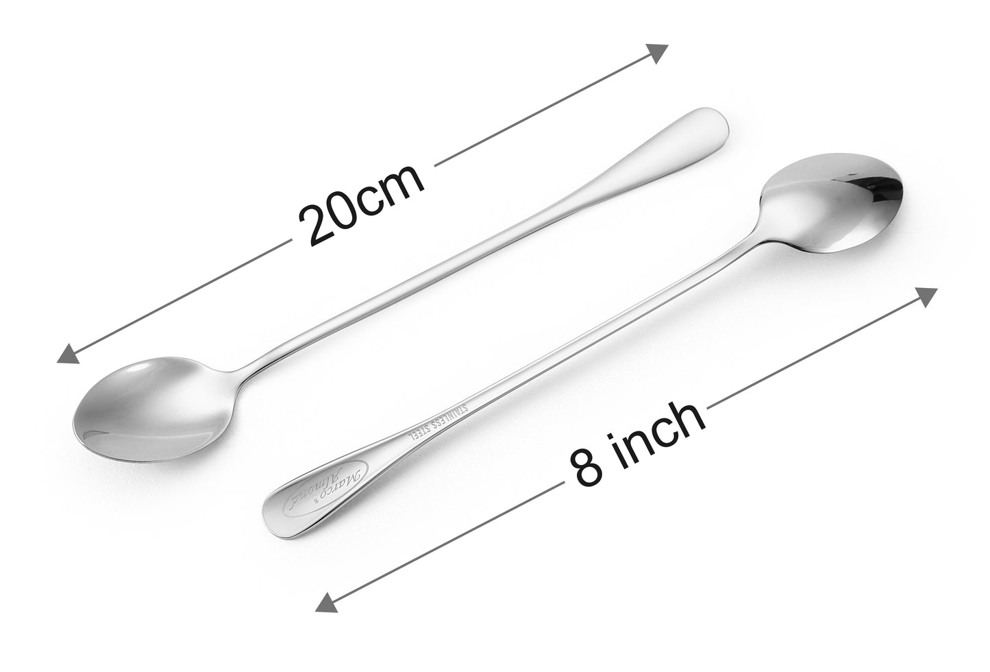 Marco Almond® KYA60 Iced Tea Spoon,KYA60 Ice Cream Spoon, Titanium Coated Stainless Steel Long Handle Spoons for Coffee, Cocktail Stirring, Milkshake, Latte, Pack of 8, Silver