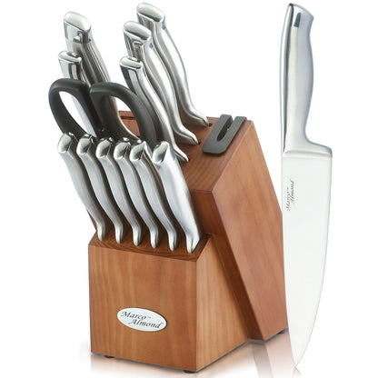 Marco Almond® Knife Block Set, KYA26 Knife Set with Block, 14 Pieces Stainless Steel Chef Kitchen Knives with Built-in Sharpener