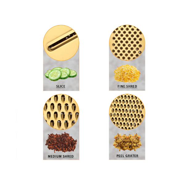 Gold Titanium Box Grater, Marco Almond® KYA53 Stainless Steel Grater Slicer 5 Piece Set, Potato Salad Vegetables Peelers 4 Sides, Best for Parmesan Cheese, Ginger