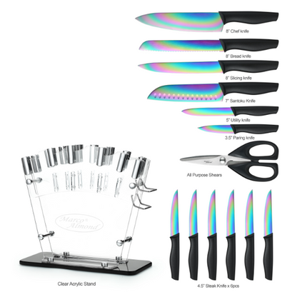 Marco Almond® Knife Block Set,14-Piece Rainbow Color Stainless Steel Knife Sets for Kitchen with block, KYA35 Chef Cooking Knives Set with Acrylic Stand