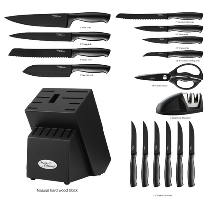 Marco Almond® Kitchen Knife Set with Block and Sharpener MA23, 17 Pieces Knife Block Set Stainless Steel Chef Black Knives Set for Kitchen