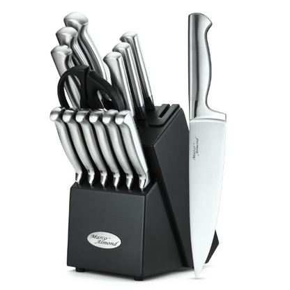 Marco Almond® Knife Set with Block KYA28, 14 Pieces Stainless Steel Chef Cutlery Kitchen Knives Block Set with Built-in Sharpener