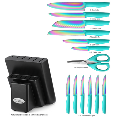 Knife Block Set, Marco Almond Knife Set Rainbow Color, 14 Piece Stainless Steel Kitchen Knife Sets with Block, KYA27 Chef Cooking Steak Knives Set for Kitchen