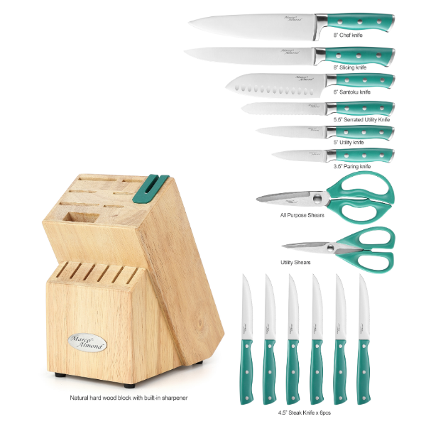 Marco Almond® Knife Set with Block KYA31B,14 Pieces Japanese Stainless Steel Cutlery Knives Block Set for Kitchen with Built-in Sharpener