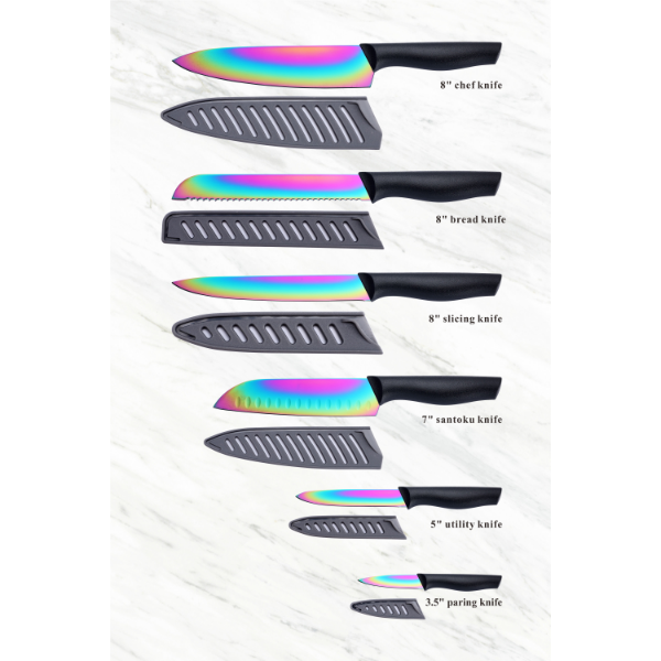 Marco Almond Kitchen Knife Set, KYA36 12-Piece Rainbow Color Stainless Steel Chef Boxed Knives Set for Kitchen with Covers, 6 Knives with 6 Blade Guards, Black