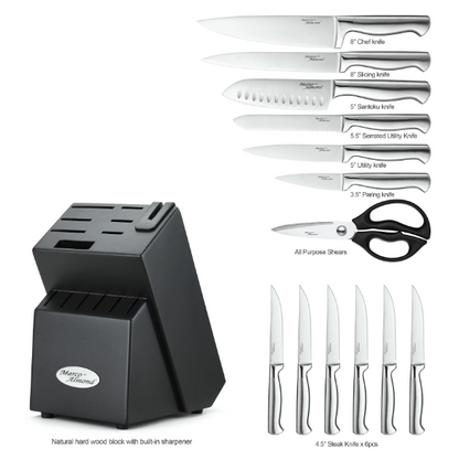 Marco Almond® Knife Set with Block KYA28, 14 Pieces Stainless Steel Chef Cutlery Kitchen Knives Block Set with Built-in Sharpener