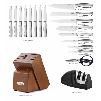 Marco Almond MA22 Knife Sets, 19 Pieces Stainless Steel Hollow Handle Kitchen Knives Block Set