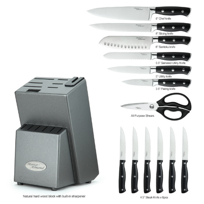 Marco Almond® Kitchen Knife Set with Block KYA31,14 Pieces Japanese Stainless Steel Cutlery Knives Block Set for Kitchen with Built-in Sharpener