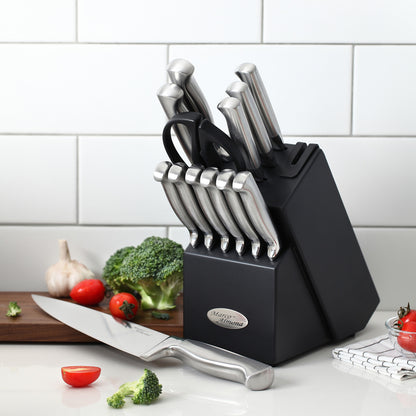 Marco Almond® Knife Set with Block KYA28, 14 Pieces Stainless Steel Chef Cutlery Kitchen Knives Block Set with Built-in Sharpener