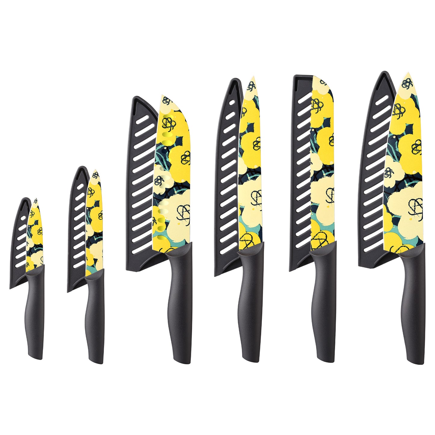 Marco Almond MA66 Knife Set Artistic Designed Pattern Kitchen Knife 6 Stainless Steel Kitchen Knives w 6 Blade Guards,Dishwasher Safe Gifts for Family Kitchen Gift for Chefs Wedding Presents