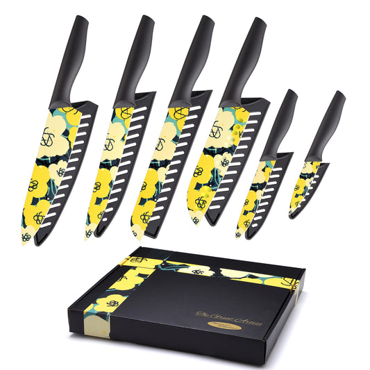 Marco Almond MA66 Knife Set Artistic Designed Pattern Kitchen Knife 6 Stainless Steel Kitchen Knives w 6 Blade Guards,Dishwasher Safe Gifts for Family Kitchen Gift for Chefs Wedding Presents