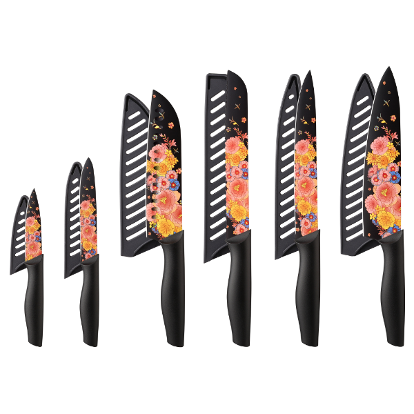 Marco Almond MA67 Knife Set Artistic Designed Pattern Kitchen Knife 6 Stainless Steel Kitchen Knives w 6 Blade Guards,Dishwasher Safe Gifts for Family Kitchen Gift for Chefs Wedding Presents