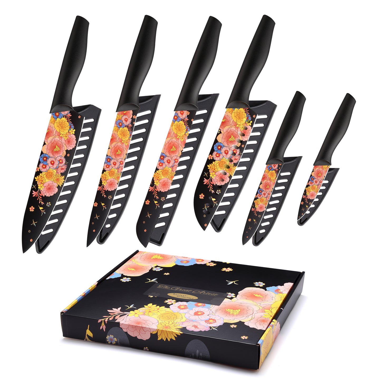 Marco Almond MA67 Knife Set Artistic Designed Pattern Kitchen Knife 6 Stainless Steel Kitchen Knives w 6 Blade Guards,Dishwasher Safe Gifts for Family Kitchen Gift for Chefs Wedding Presents