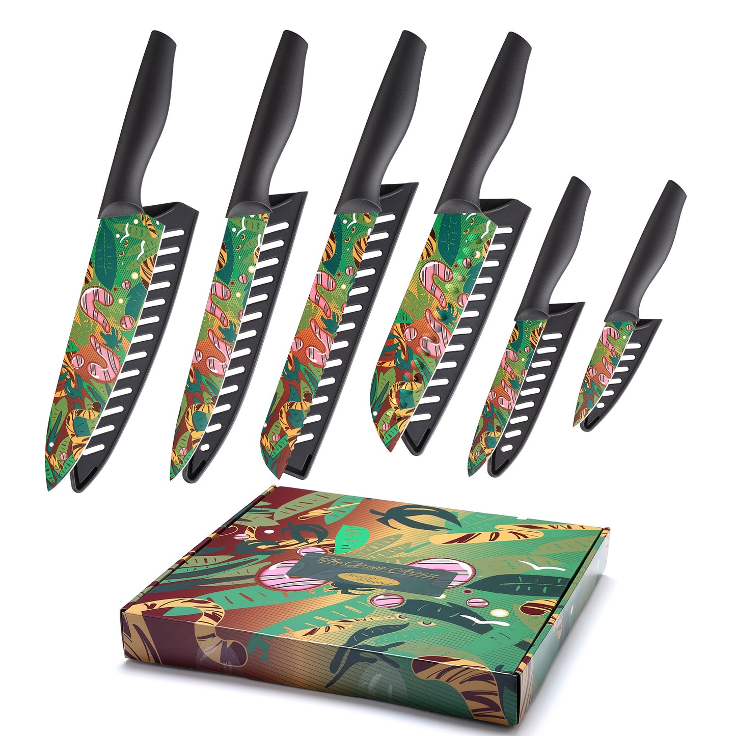 Marco Almond MA69 Knife Set Artistic Designed Pattern Kitchen Knife 6 Stainless Steel Kitchen Knives w 6 Blade Guards,Dishwasher Safe Gifts for Family Kitchen Gift for Chefs Wedding Presents