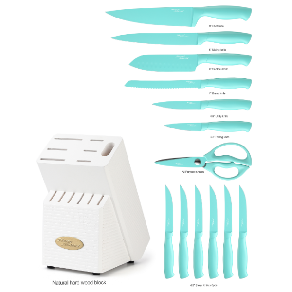 Marco Almond® Kitchen Knife Set MA24, 14 Pieces Stainless Steel Knife Block Set, Chef Teal Knives Sets for Kitchen with White Block