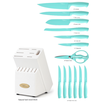 Marco Almond® Kitchen Knife Set MA24, 14 Pieces Stainless Steel Knife Block Set, Chef Teal Knives Sets for Kitchen with White Block