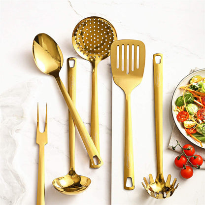 Utensil Set, Marco Almond® KYA51 Golden Titanium Utensils Sets, Stainless Steel Kitchen Cooking Spoons, Ladle Skimmer & Spatula Utensil Sets,6PCS Frying & Grilling Cookware Tools