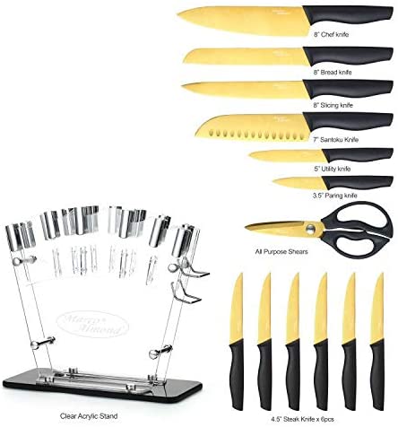 Marco Almond® Gold Knife Set With Block KYA23, 14 Pieces Stainless Steel Chef Cutlery Knives Set for Kitchen with Acrylic Stand