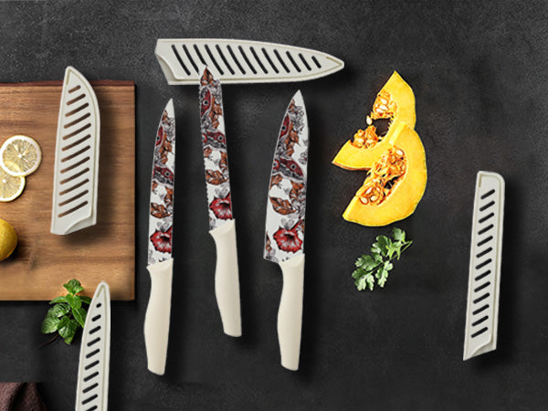 Marco Almond MA68 Knife Set Artistic Designed Pattern Kitchen Knife 6 Stainless Steel Kitchen Knives w 6 Blade Guards,Dishwasher Safe Gifts for Family Kitchen Gift for Chefs Wedding Presents