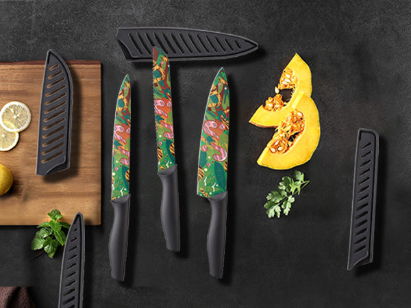 Marco Almond MA69 Knife Set Artistic Designed Pattern Kitchen Knife 6 Stainless Steel Kitchen Knives w 6 Blade Guards,Dishwasher Safe Gifts for Family Kitchen Gift for Chefs Wedding Presents