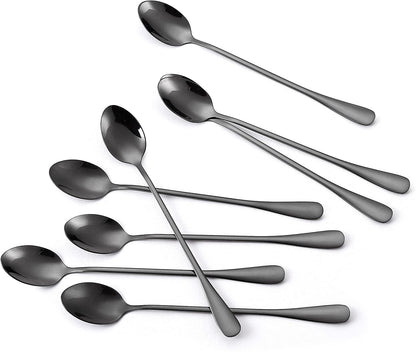 Marco Almond® KYA59 Iced Tea Spoon, Ice Cream Spoon, Titanium Coated Stainless Steel Long Handle Spoons for Coffee, Cocktail Stirring, Milkshake, Latte, Pack of 8, Black