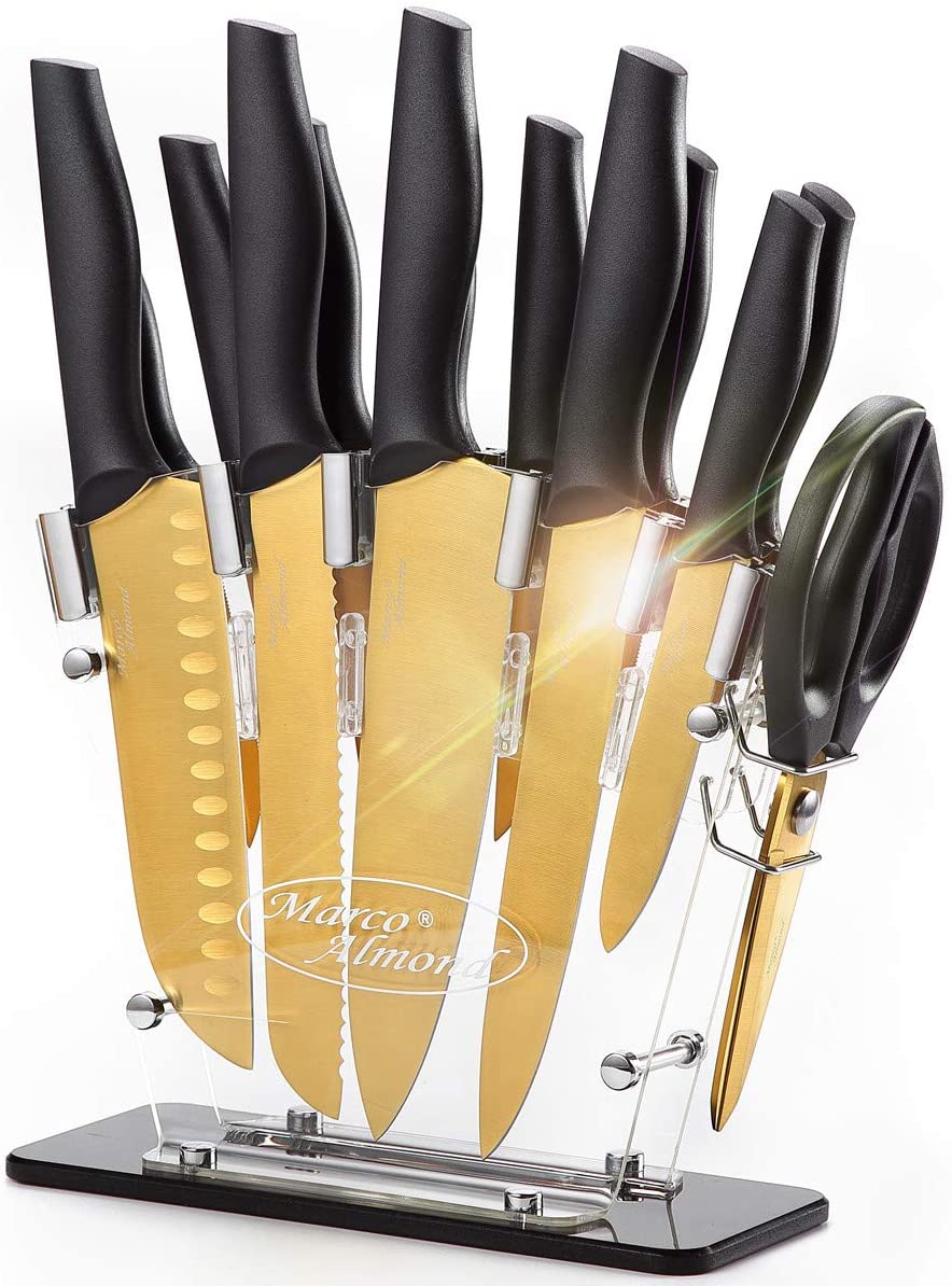 Marco Almond® Gold Knife Set With Block KYA23, 14 Pieces Stainless Steel Chef Cutlery Knives Set for Kitchen with Acrylic Stand