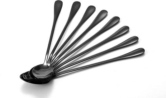 Marco Almond® KYA59 Iced Tea Spoon, Ice Cream Spoon, Titanium Coated Stainless Steel Long Handle Spoons for Coffee, Cocktail Stirring, Milkshake, Latte, Pack of 8, Black