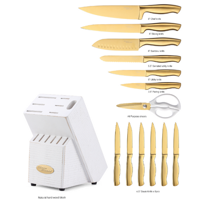 Gold Knife Set - Marco Almond® Knife Block Set MA21,Titanium Coated 14 Pieces Stainless Steel Chef Gold Kitchen Knife Sets with White Block