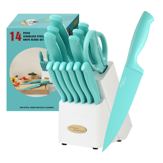 Marco Almond® Kitchen Knife Set MA24, 14 Pieces Stainless Steel Knife Block Set, Chef Teal Knives Sets for Kitchen with White Block