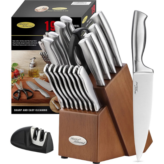 Marco Almond MA22 Knife Sets, 19 Pieces Stainless Steel Hollow Handle Kitchen Knives Block Set