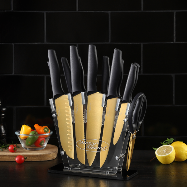 Marco Almond® Gold Knife Set With Block KYA23, 14 Pieces Stainless Steel Chef Cutlery Knives Set for Kitchen with Acrylic Stand