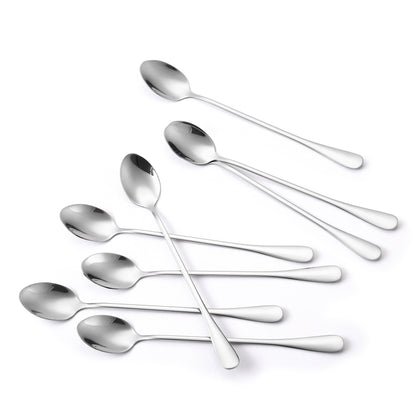 Marco Almond® KYA60 Iced Tea Spoon,KYA60  Ice Cream Spoon, Titanium Coated Stainless Steel Long Handle Spoons for Coffee, Cocktail Stirring, Milkshake, Latte, Pack of 8, Silver