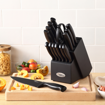 Marco Almond® Kitchen Knife Set with Block and Sharpener MA23, 17 Pieces Knife Block Set Stainless Steel Chef Black Knives Set for Kitchen