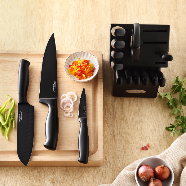 Marco Almond® Kitchen Knife Set with Block and Sharpener MA23, 17 Pieces Knife Block Set Stainless Steel Chef Black Knives Set for Kitchen