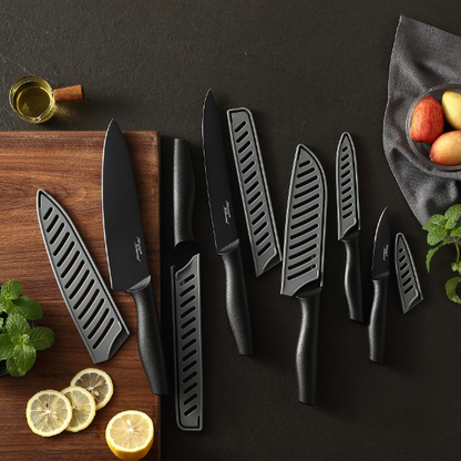 Marco Almond Kitchen Knife Set, KYA38 12-Piece Kitchen Knives Set with Covers, 6 Knives with 6 Blade Guards, Stainless Steel Cooking Knives Set for Kitchen, Black