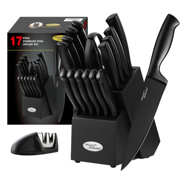 Marco Almond® Kitchen Knife Set with Block and Sharpener MA23, 17 Pieces Knife Block Set Stainless Steel Chef Black Knives Set for Kitchen