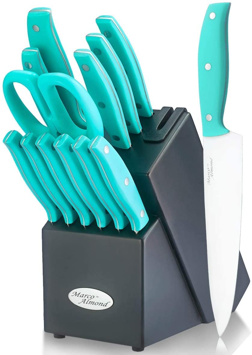 Marco Almond® Kitchen Knife Set with Block KYA24B,14 Piece Stainless Steel Knives Set for Kitchen with Built-in Sharpener