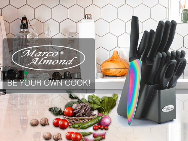 Knife Set with Block, Marco Almond 14 Piece Rainbow Titanium Knife Block Set, KYA25 Cooking Steak Knives set with Black Handle, Chef Knife Sets for Kitchen with Block