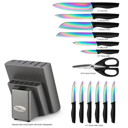 Knife Set with Block, Marco Almond 14 Piece Rainbow Titanium Knife Block Set, KYA25 Cooking Steak Knives set with Black Handle, Chef Knife Sets for Kitchen with Block