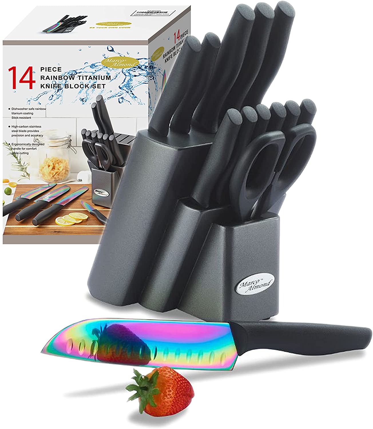 Knife Set with Block, Marco Almond 14 Piece Rainbow Titanium Knife Block Set, KYA25 Cooking Steak Knives set with Black Handle, Chef Knife Sets for Kitchen with Block