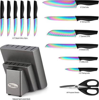 Knife Set with Block, Marco Almond 14 Piece Rainbow Titanium Knife Block Set, KYA25 Cooking Steak Knives set with Black Handle, Chef Knife Sets for Kitchen with Block