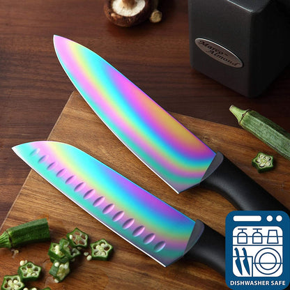 Knife Set with Block, Marco Almond 14 Piece Rainbow Titanium Knife Block Set, KYA25 Cooking Steak Knives set with Black Handle, Chef Knife Sets for Kitchen with Block