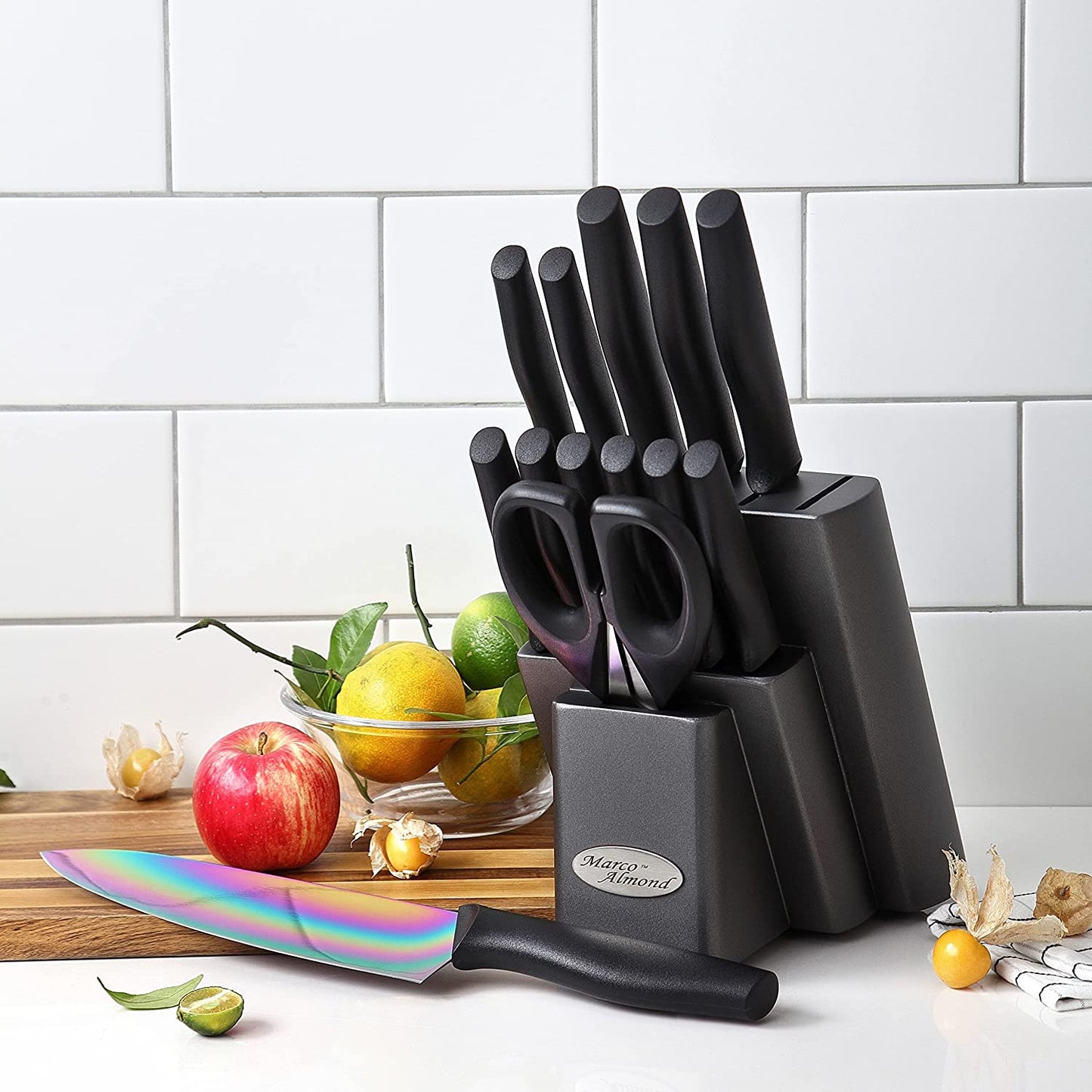 Knife Set with Block, Marco Almond 14 Piece Rainbow Titanium Knife Block Set, KYA25 Cooking Steak Knives set with Black Handle, Chef Knife Sets for Kitchen with Block