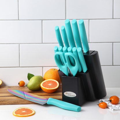 Knife Block Set, Marco Almond Knife Set Rainbow Color, 14 Piece Stainless Steel Kitchen Knife Sets with Block, KYA27 Chef Cooking Steak Knives Set for Kitchen