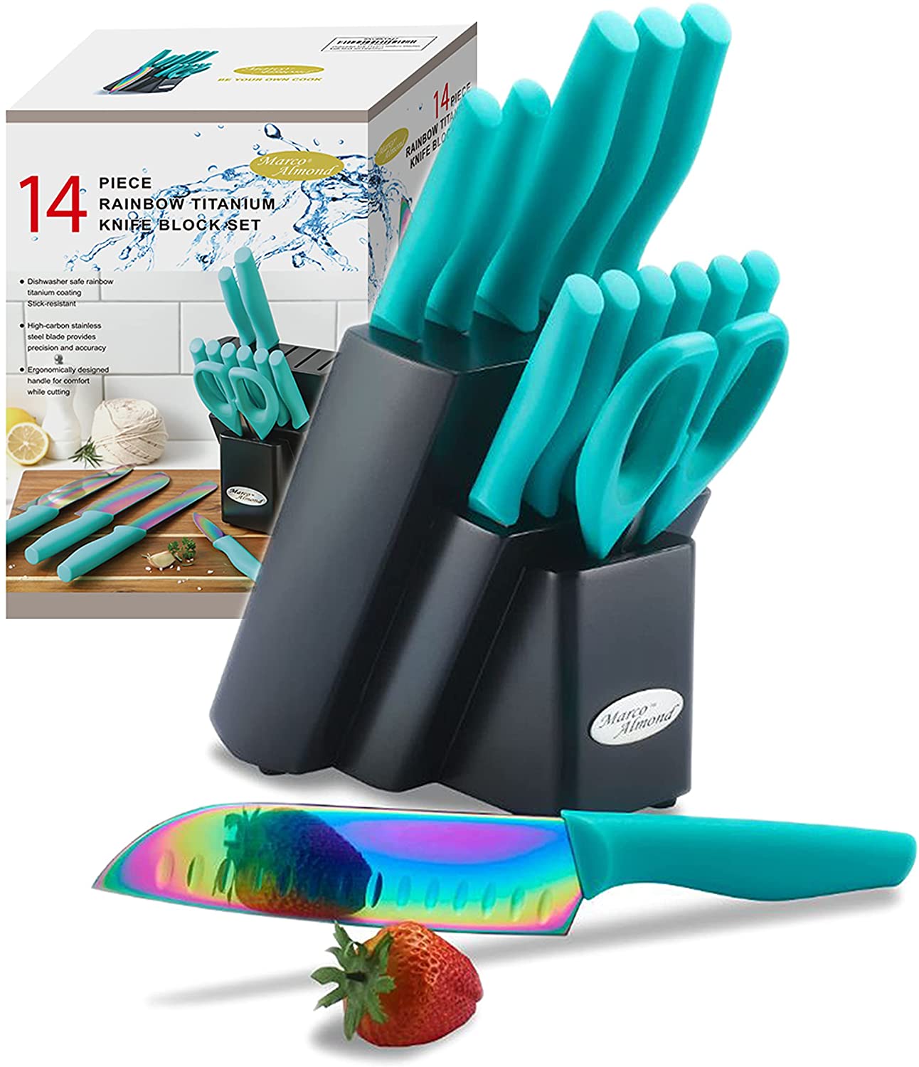 Knife Block Set, Marco Almond Knife Set Rainbow Color, 14 Piece Stainless Steel Kitchen Knife Sets with Block, KYA27 Chef Cooking Steak Knives Set for Kitchen