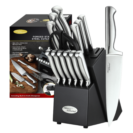 Marco Almond® Knife Set with Block KYA28, 14 Pieces Stainless Steel Chef Cutlery Kitchen Knives Block Set with Built-in Sharpener