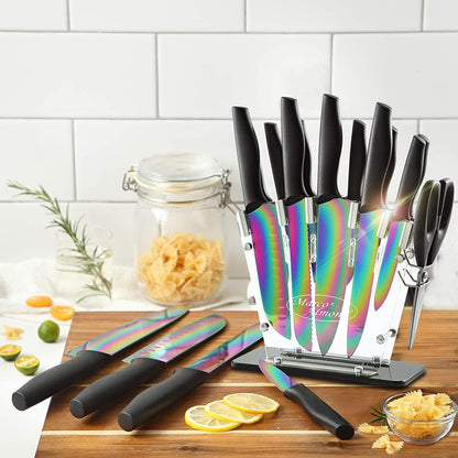 Marco Almond® Knife Block Set,14-Piece Rainbow Color Stainless Steel Knife Sets for Kitchen with block, KYA35 Chef Cooking Knives Set with Acrylic Stand