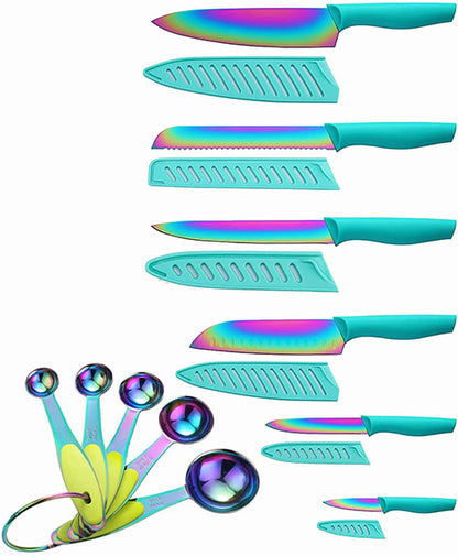 Marco Almond Knife Set with Spoons, KYA37B Knife Sets with Blade Guards and Measuring Spoons, Rainbow Color 17-Piece Stainless Steel Kitchen Knives Set with Covers