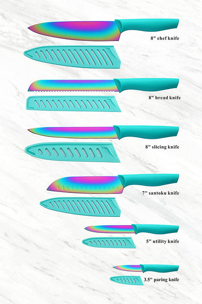 Kitchen Knife Set, KYA37 12-Piece Rainbow Titanium Stainless Steel Boxed Knives Set for Kitchen with Covers, 6 Knives with 6 Blade Guards