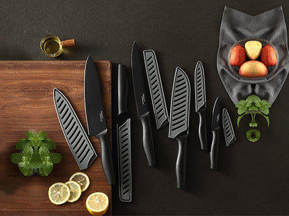 Marco Almond Kitchen Knife Set, KYA38 12-Piece Kitchen Knives Set with Covers, 6 Knives with 6 Blade Guards, Stainless Steel Cooking Knives Set for Kitchen, Black